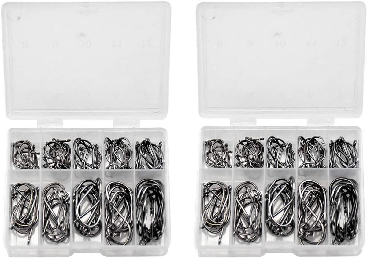 Vishaken, 200 stuks koolstofstaal, vishaken, set in 10 maten, vishaak met weerhaak, vishaak met oog, visaccessoires met kunststof organizer-box (3# - 12#)