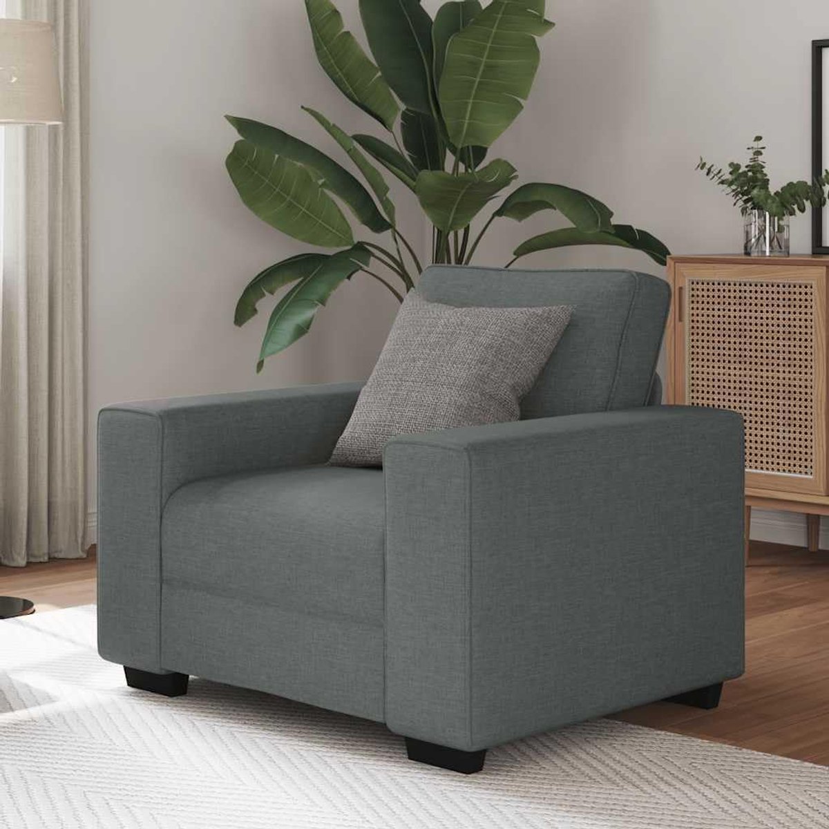 Donkergrijs 60 cm stoffen gestoffeerde stoel met brede armleuningen en robuust houten metalen frame voor woonkamer kantoor