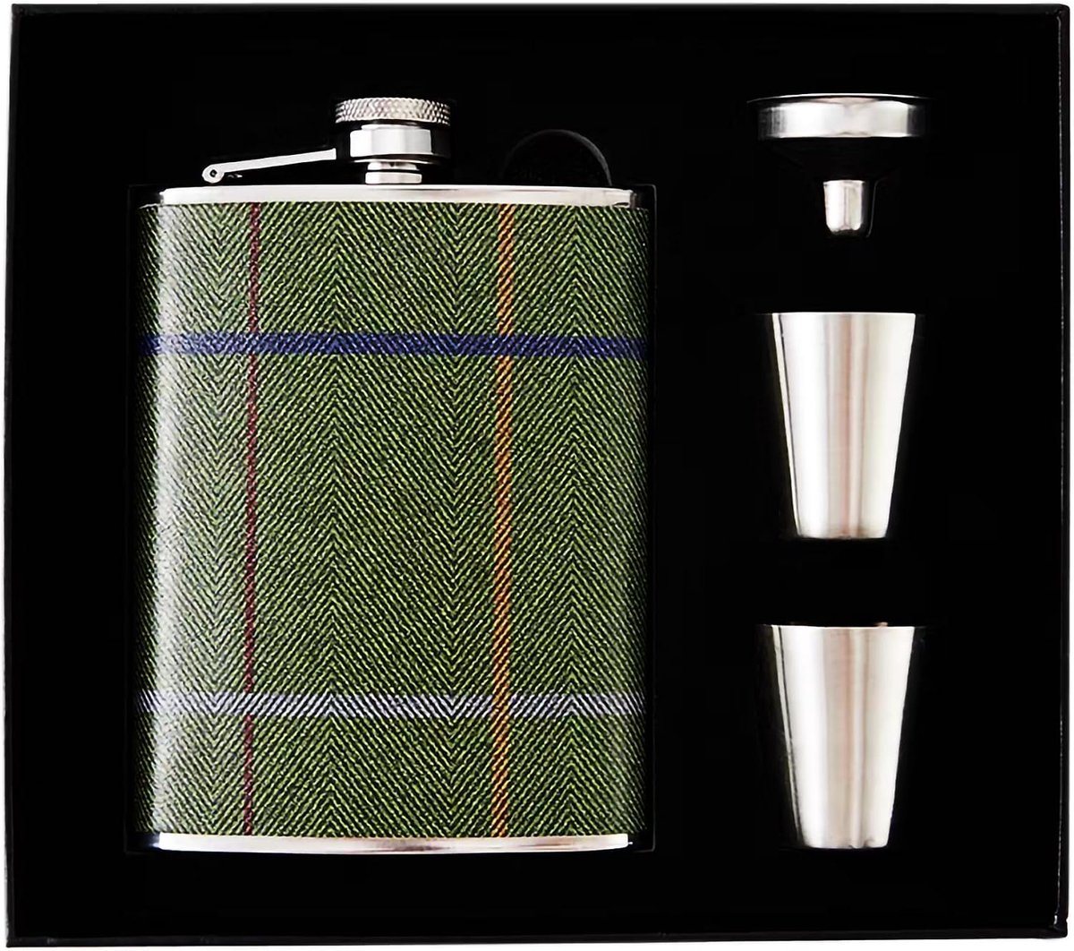 8 oz roestvrijstalen heupfles cadeauset met 2 shotglazen en trechter lederen bedrukte hoes (denim stofpatroon)