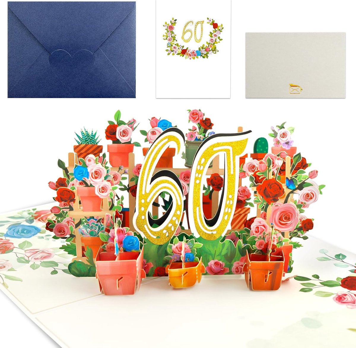 60e verjaardagskaart, 3D pop-upkaart 60e verjaardag, 60e 3D verjaardagswenskaart, bloemen pop-up verjaardagskaart voor verjaardag moeder vrouw oma vriendin