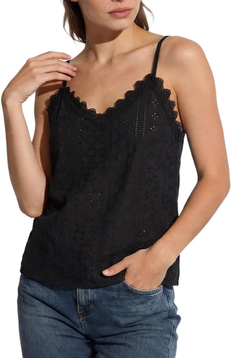 Zomertop voor dames, modieuze tanktop met V-hals, mouwloos en zonder dunne bandjes, losse pasvorm, casual onderhemd van kant, ondergoed met oogjes