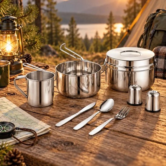Kinghoff - KH-2060 - 9-Delig Camping Kookset - Kampeerset met Kookpan 1,5L, Mok 0,5L & Bakje 1,1L - Campingservies met Bestek, Mes, Vork & Lepel - Inclusief Zout- en Peperstrooiers - Reis- & Outdoor Set voor Camper en Tent - RVS — afbeelding 2