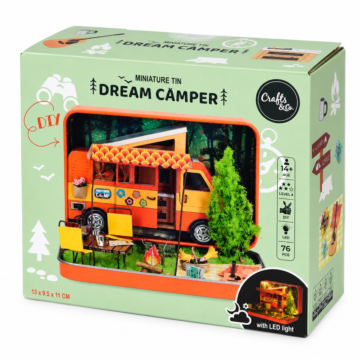 DIY Miniatuur Camper Bouwpakket – Dream Camper – 76 Onderdelen – Met LED Verlichting – Miniatuur Knutselset – 14+
