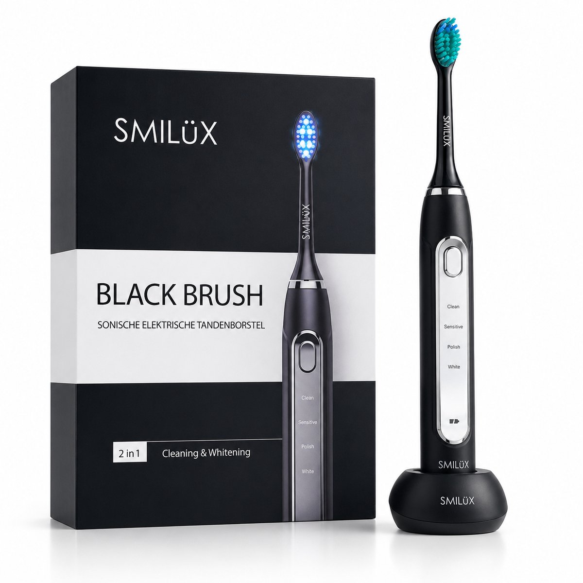 Smilux Elektrische Tandenborstel Zwart - Sonische Tandenborstel - 4 Poetsstanden - 30 Dagen Batterij - Oplaadhouder