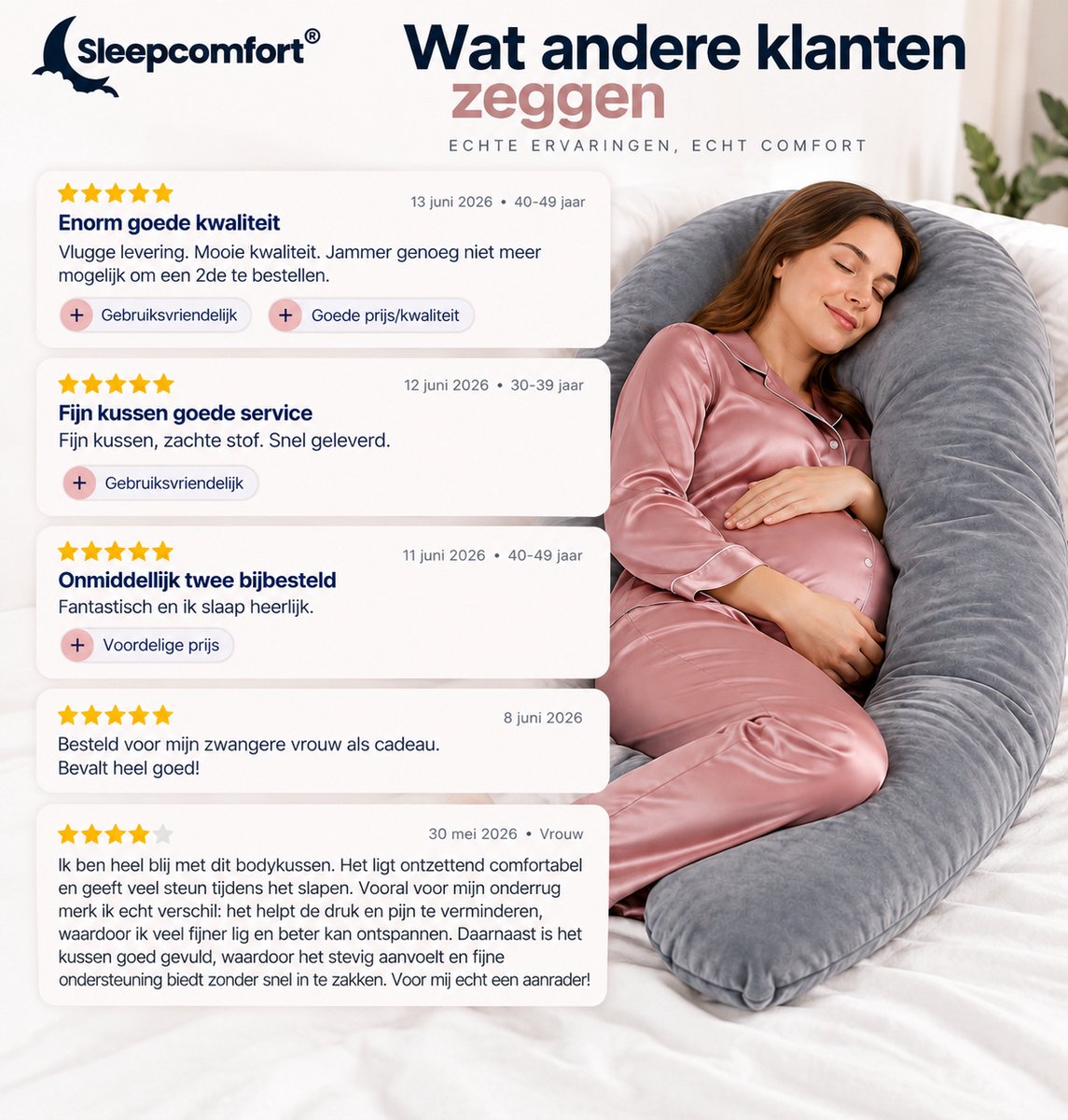 Sleepcomfort - U-Vorm Zwangerschapskussens - Zwangerschapskussen -Zijslaapkussen – Voedingskussen – Body Pillow - lichaamskussen - 280CM. – foto 4