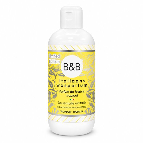 B&B Italiaans wasparfum Limited Edition, tropical. Gele fles met tropische bladeren en strepen.