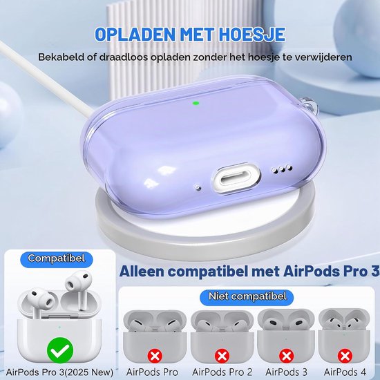 Compatibel met Airpods Pro 3e generatie Hoesje, Compatibel met Airpods Pro 3 hoesje met Sleutelhanger, Doorzichtig Zacht Transparant Schokbestendig Hoesje Van Militaire Kwaliteit,Paars — afbeelding 2