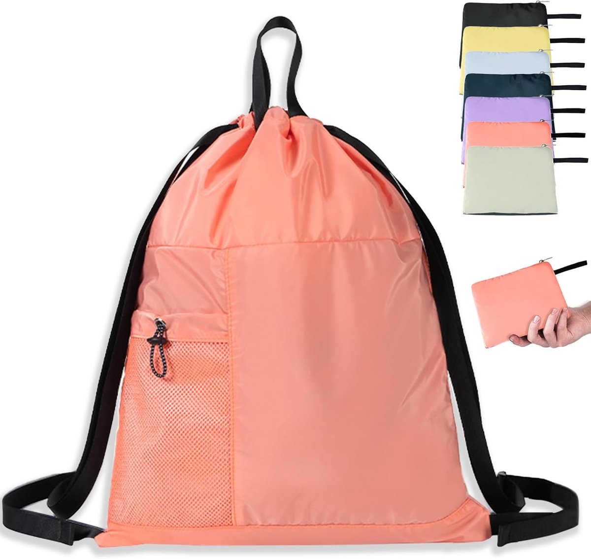 Rugzak met Trekkoord, Waterdichte tas, 14L Lichtgewicht Gymrugzak met Trekkoord voor Dames en Heren, met Twee Ritsvakken en Meshvakken voor Waterflessen