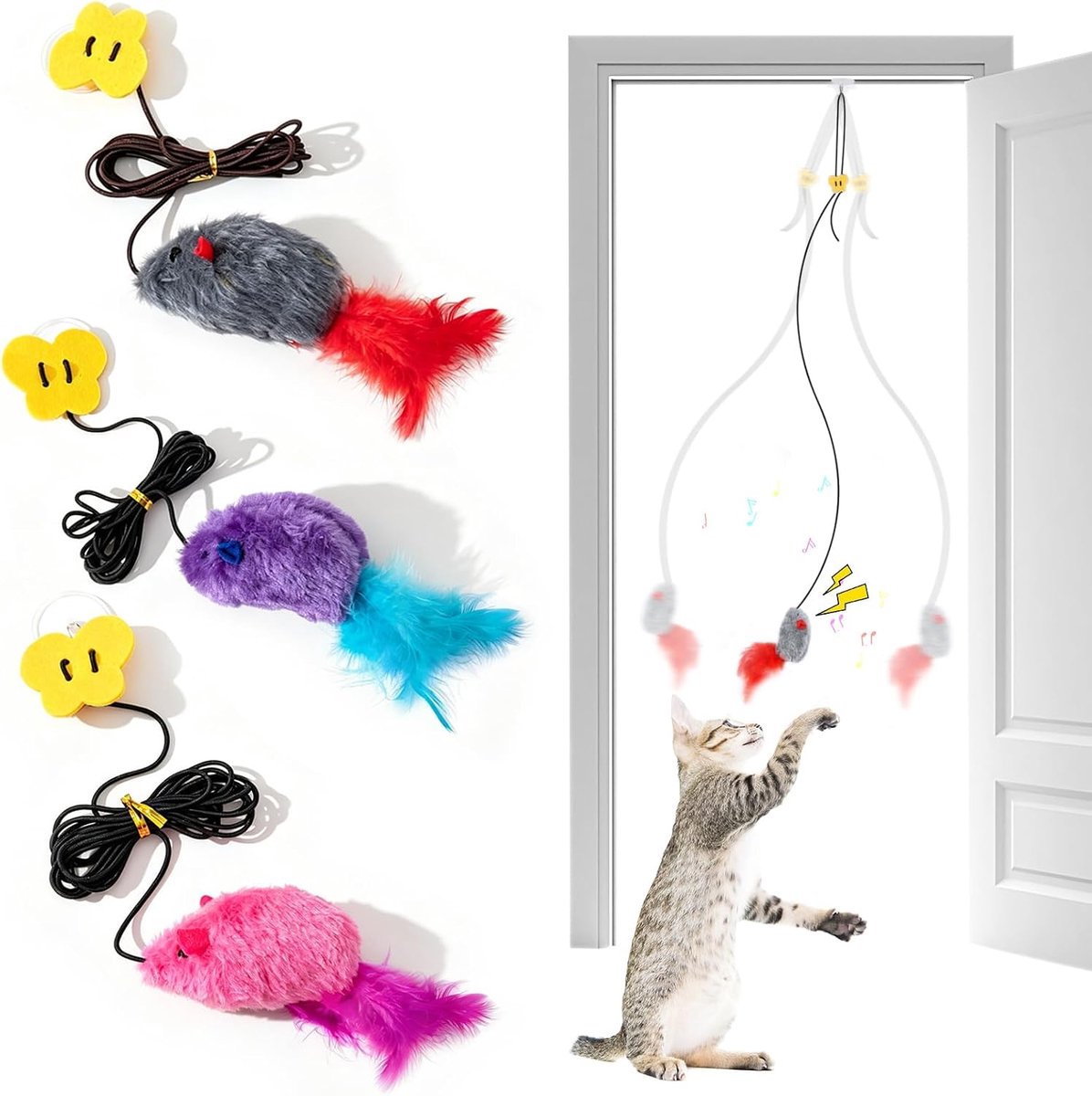 Kattenspeelgoed, 3 stuks piepende muis, hangende deur, kattenspeelgoed met gevederde staart voor verveling, angst, leuk interactief deurframe, kittenspeelgoed voor binnen, oefening