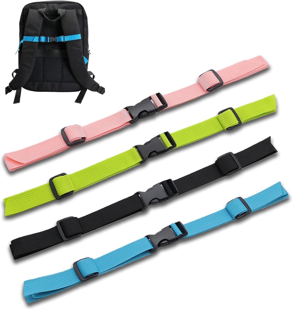 4 stuks rugzak borstband verstelbare rugzak borstband borst snelsluiting heuptas riemen universele heuptas extender voor outdoor wandelen joggen fietsen (zwart/groen/roze/blauw)