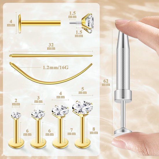 8-delig Set 16G Conch Piercing Goud, 6mm 7mm 8mm Oorbellen met Medisch Staal, Tragus Helix Lip Piercing Set voor veilige Draagcomfort — afbeelding 2