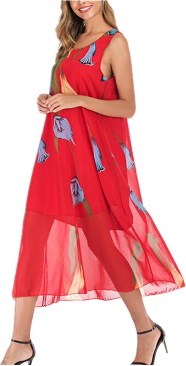Chiffon Bloemen Ronde Hals Vest Jarretel Jurk Vrouwen Zomer