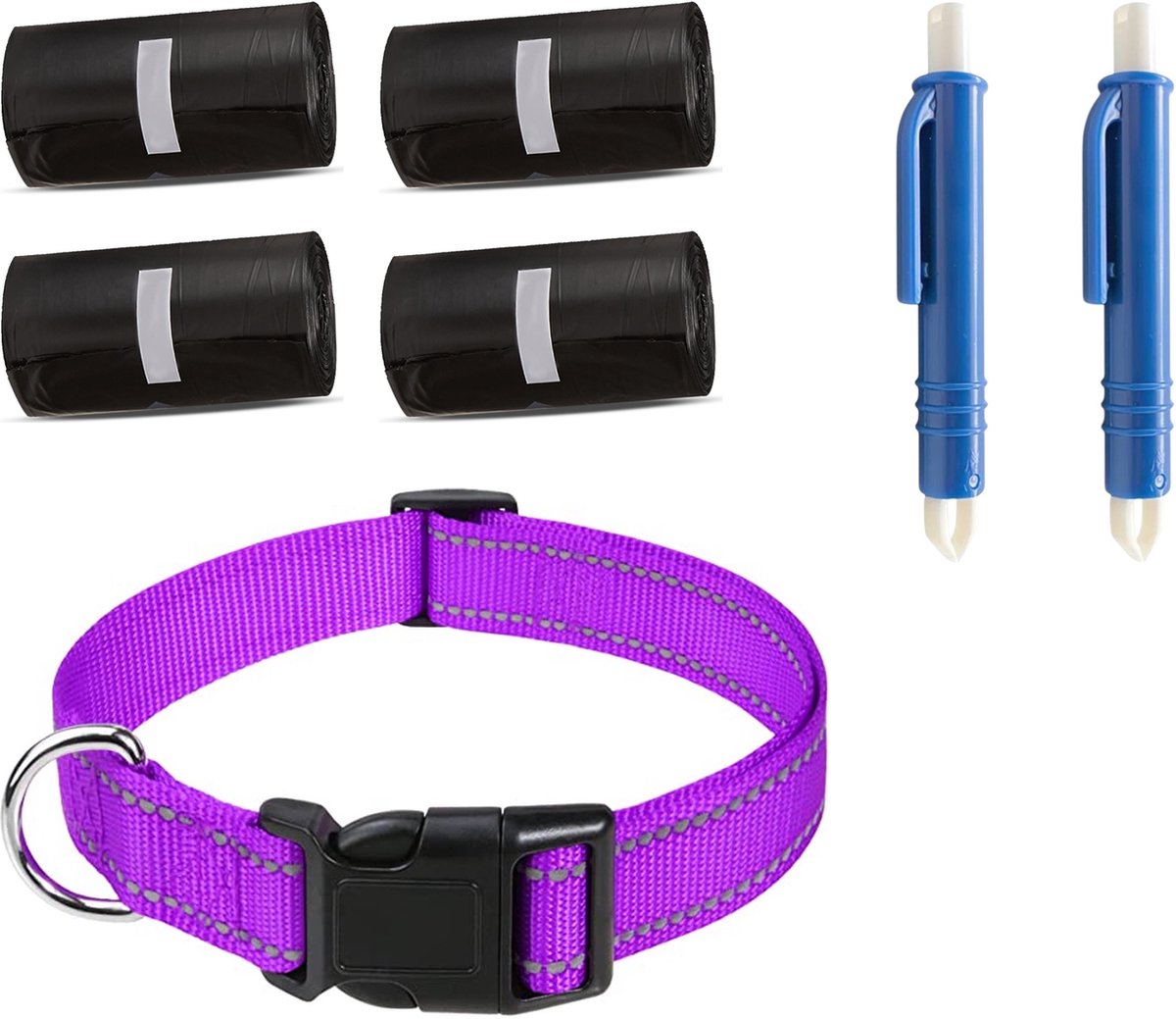 Professor Q Wandelset Hond - Halsband Paars S 30-40 cm - 80 Poepzakjes - 2 Blauwe Tekenpincetten