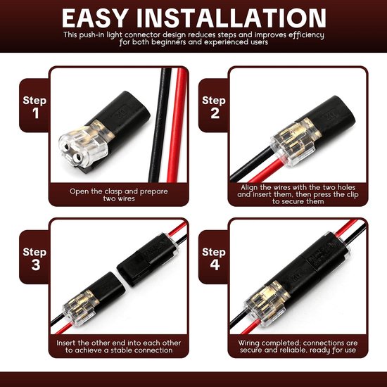 60 stuks 2-pins push-in draadconnectoren, soldeerloze laagspanning snelsplit-terminal voor LED-striplampen, lampen en schakelaars, geschikt voor 20-24 AWG — afbeelding 4