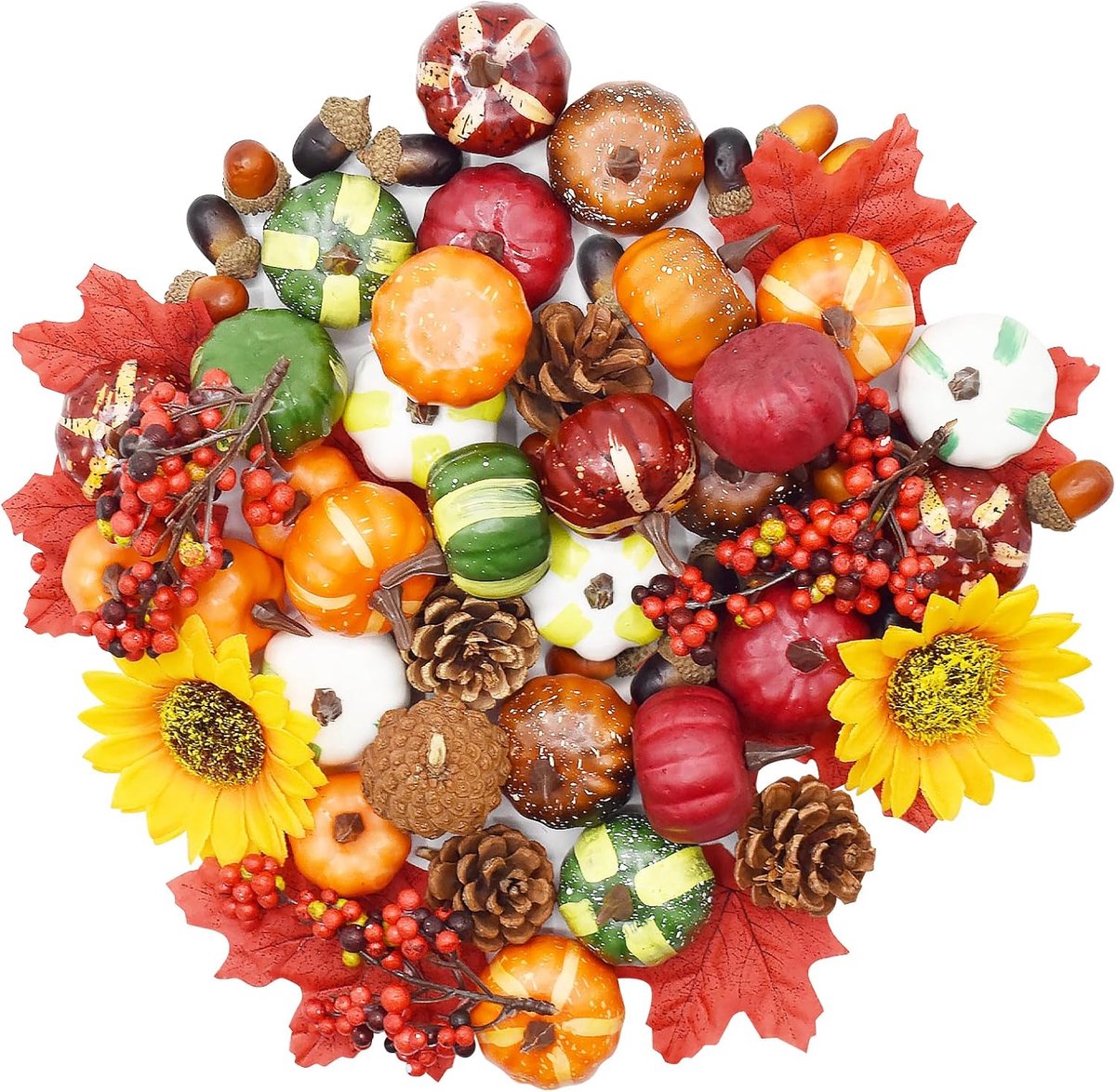 Pompoenen voor de herfst, 68 stuks, met kunstmatige mini-pompoenen, eikels, esdoornbladeren, dennenappels, zonnebloemen, bessen, tafeloogstdecoratie voor Halloween, Thanksgiving