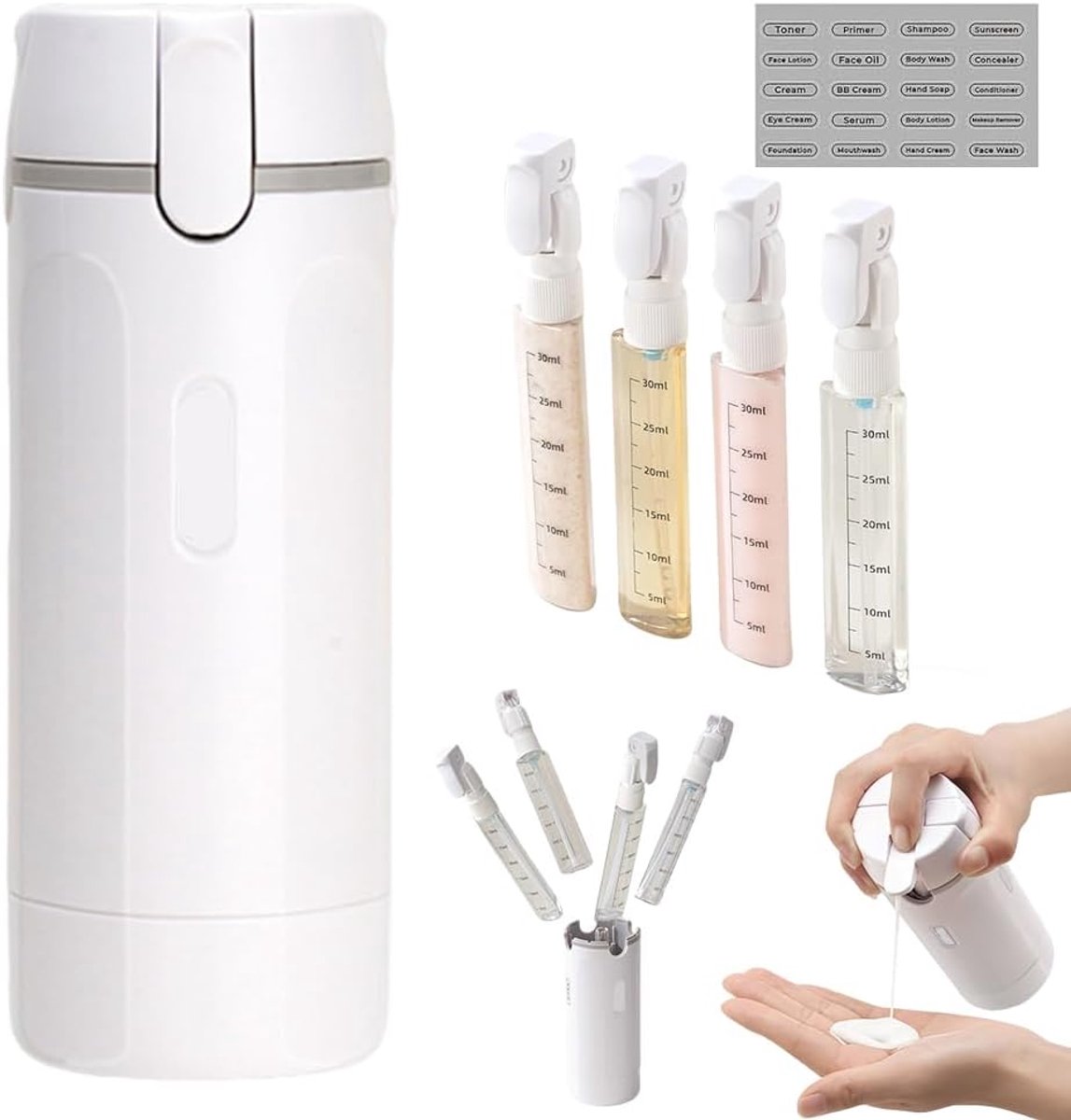 4-in-1 reisdispenserfles, 4 x 30 ml navulbare reisflessen, navulbaar, met graduatie en etiket, voor shampoing, lotion, près-shampoing