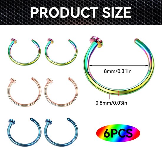 6 stuks neppiercing, neuspiercing, neppiercing, fake neusring, lippiercing, geen naald, voor oorlip, voor dames en heren — afbeelding 2