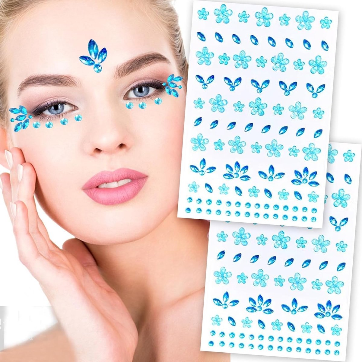 Gezicht, 2 stuks strass-steentjes, bloemen, glittersteentjes, zelfklevend, strasssteentjes, tijdelijke tatoeages voor Halloween, carnaval, muziekfestival, feestkostuum (blauw)