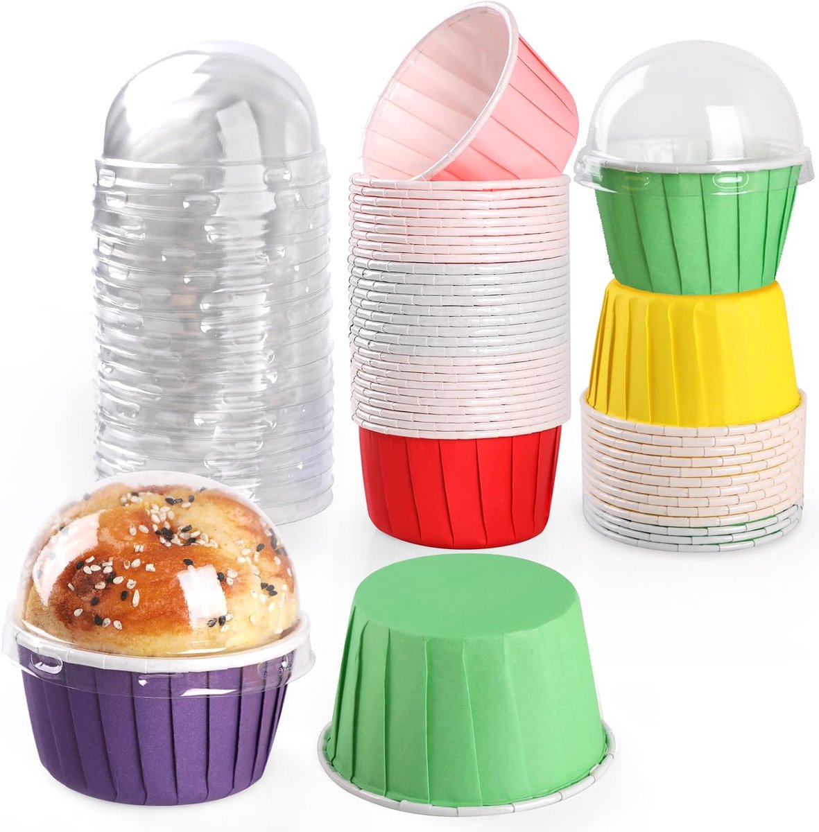 50 sets bakvormpjes met deksels 163 ml ronde cupcakevormpjes gekleurde mini cakevormpjes herbruikbare gelamineerde papieren bakvormpjes voor pudding, muffin, desserts thuis, keuken, bruiloft