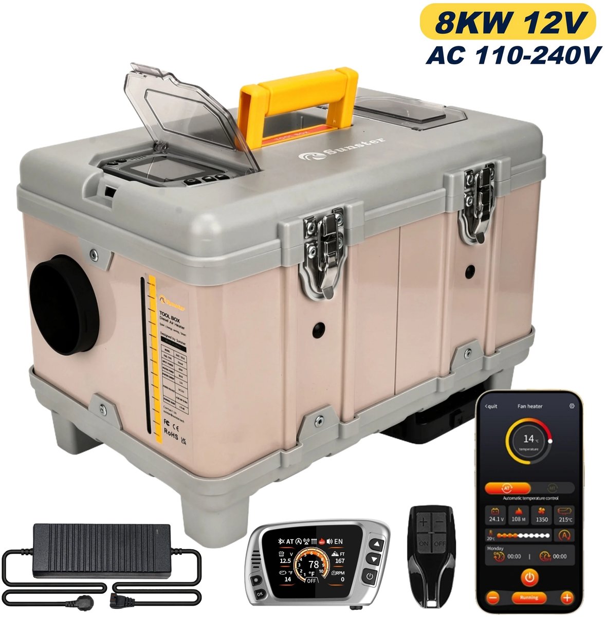 8KW Diesel Luchtverwarmer 12V/220V – Draagbare Standkachel met Bluetooth App, Zelfreiniging & Hoogtemodus – Voor Camper, Bus, Truck & Bestelwagen