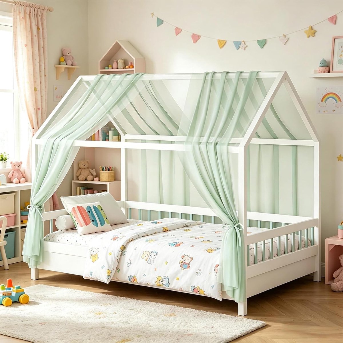 Hemelset 2-delig - bedhemel 150x350cm voor kinderbed decoratie - van ademend mousseline met bevestigingsbanden - voor meisjes en jongens (groen)