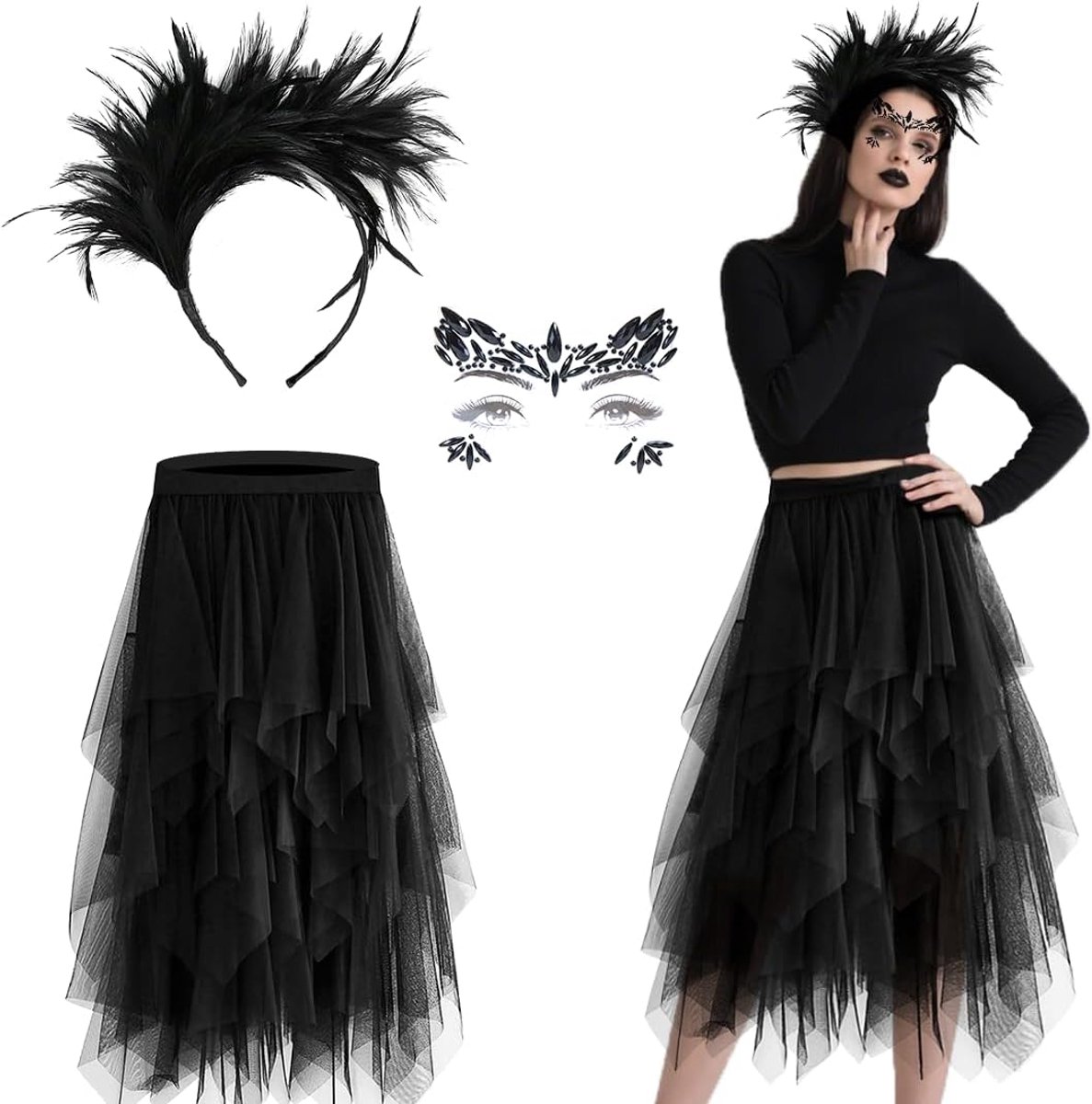 Verenkostuum, verenhoofdband, boa, tule rok, waaiers, kostuum voor dames, Halloween, carnaval, party, cosplay, maskerade