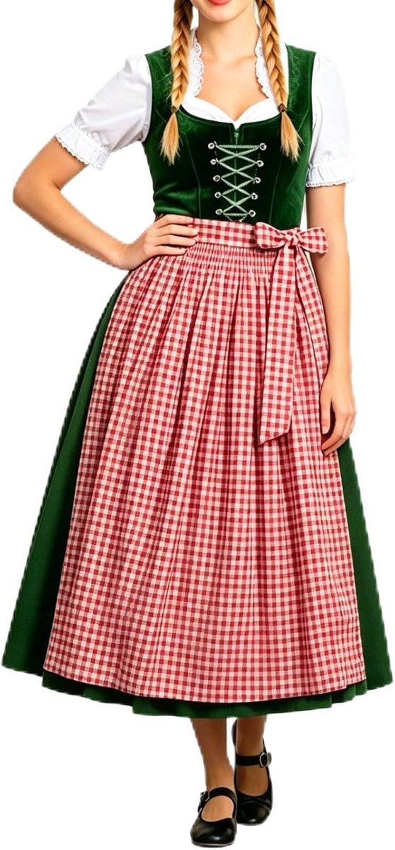 Lange, geruite Oktoberfestschort voor volwassenen, ideaal voor feestjes, rollenspellen, bierfeesten in de keuken.