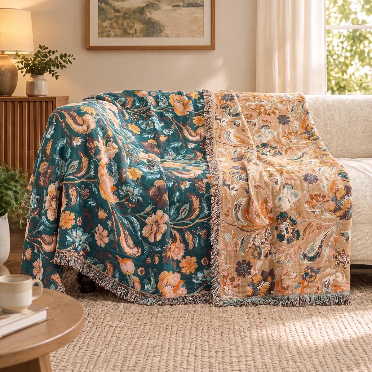 100% katoen, dubbelzijdige mousseline sprei met franjes, zachte en ademende bankdeken, voor woonkamer en slaapkamer, het hele jaar door (blauwgroene vogels en bloemen, 150 x 200 cm)