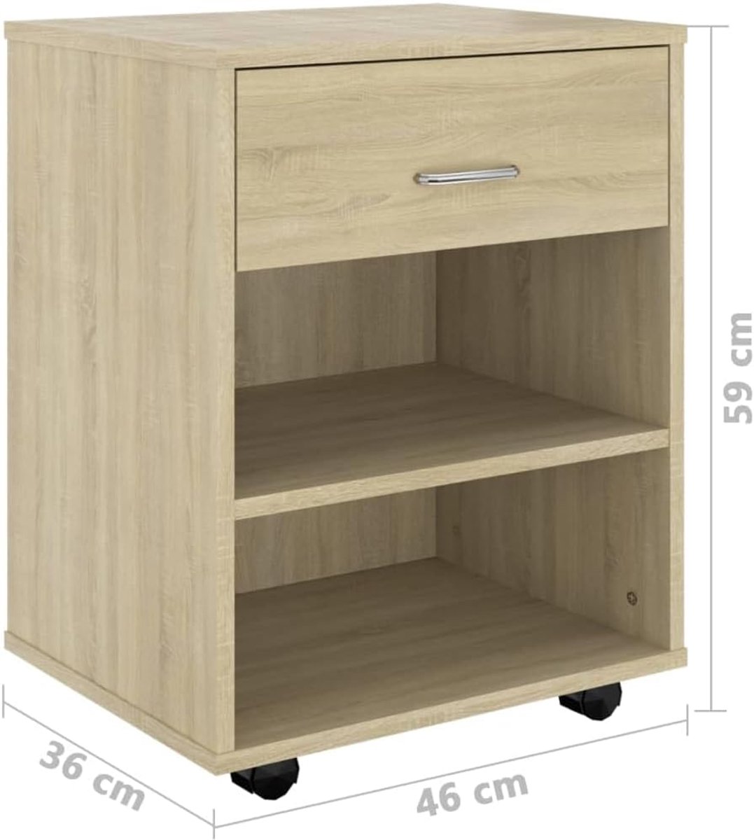 Sonoma eiken 46 x 36 x 59 cm, mobiele kantoorkast met 4 wielen, bijzetkast voor kantoor en thuiskantoor, robuuste archiefkast van hout