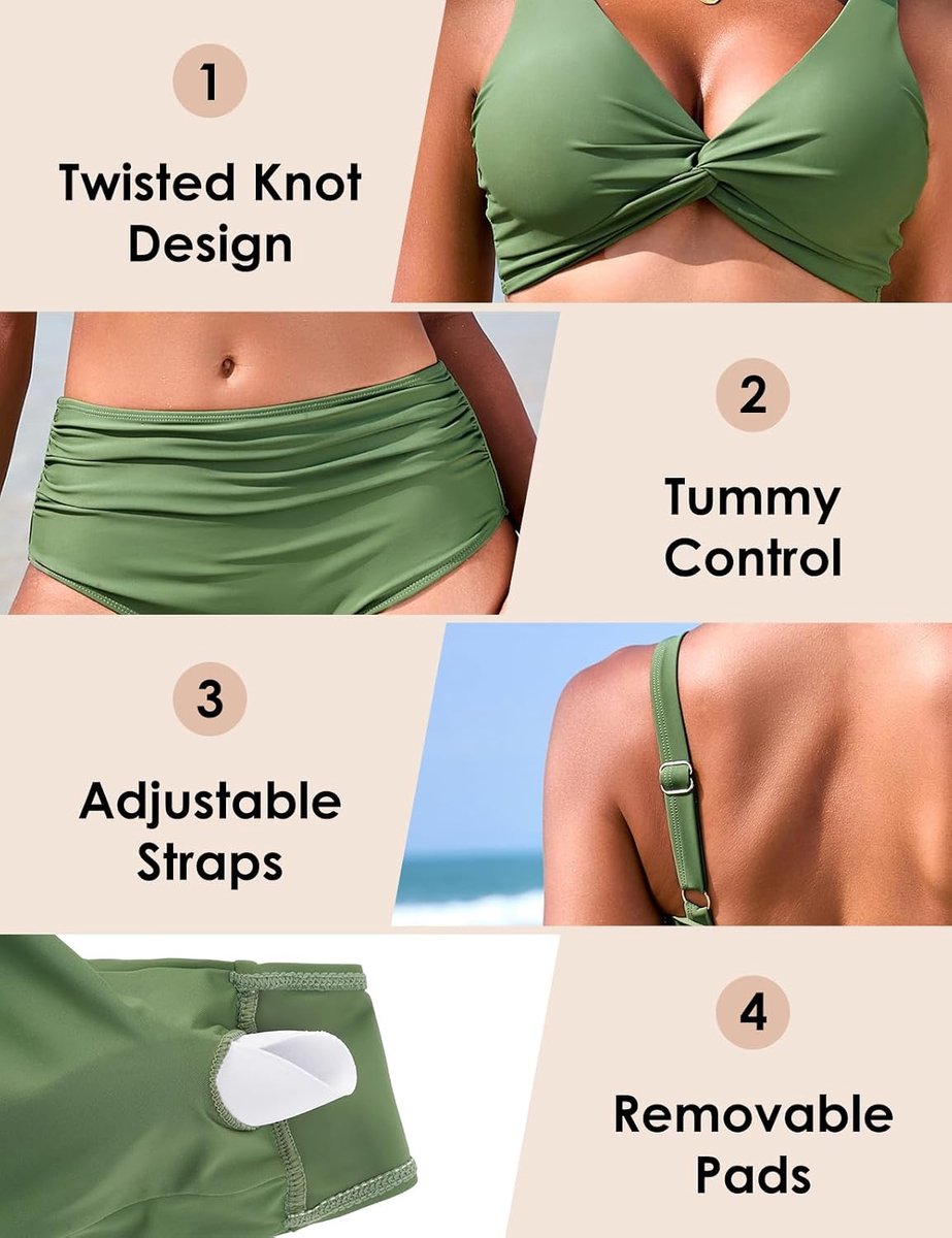 Bikiniset voor dames, sexy V-hals, twist-bovenstuk, buikweg-badpak met verstelbare bandjes, high waist broek, badmode voor strand en zwembad