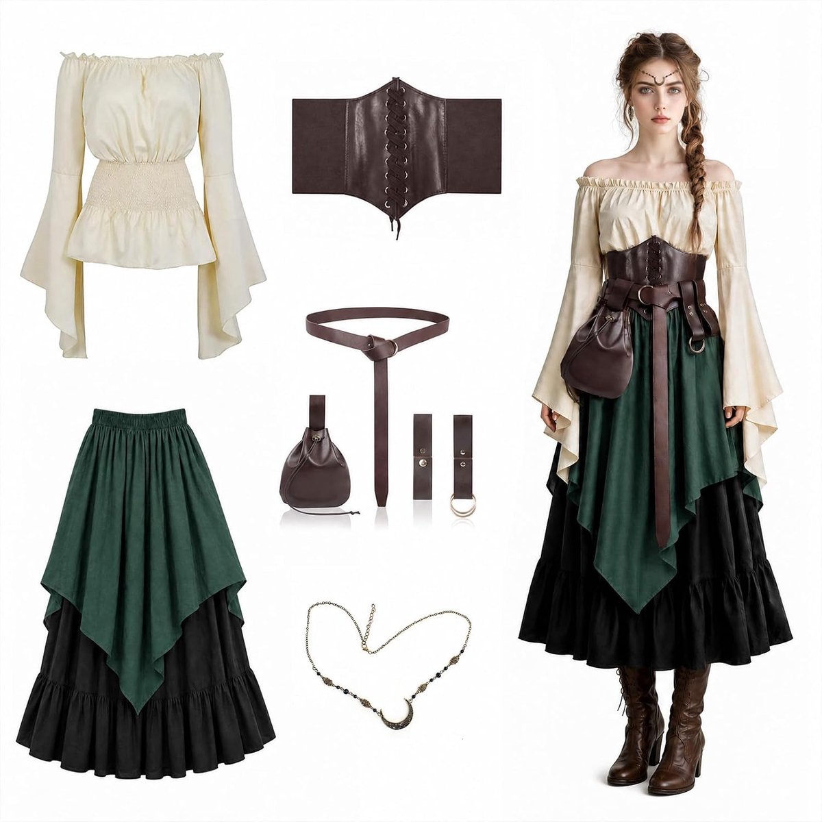 Kleding voor dames, middeleeuws kostuum voor dames en off-shoulder blouse, renaissance-jurk voor volwassenen, set met korset, riemtas, hoofddeksel, riem, Victoriaanse jurk voor carnaval