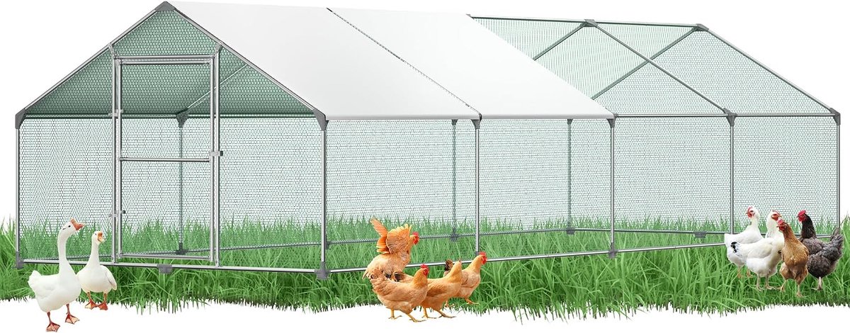 3 x 8 x 2 m kippenhok van verzinkt staal, vrijloophok voor kippen, kleine dieren, planten, kleine dieren, met zonnedak en deur, puntig dak, kippenkooi, vogelkooi, metalen kippenren