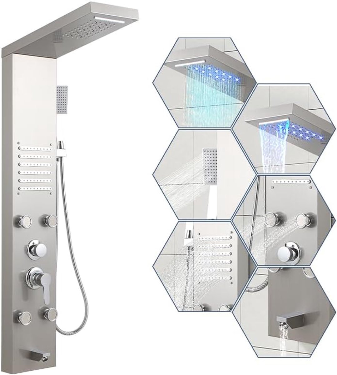 5-in-1 douchepaneel met armatuur, roestvrijstalen douchezuil met regen- en neveldouche, verstelbare massagejets, pvc-slang, wandmontage voor moderne badkamer