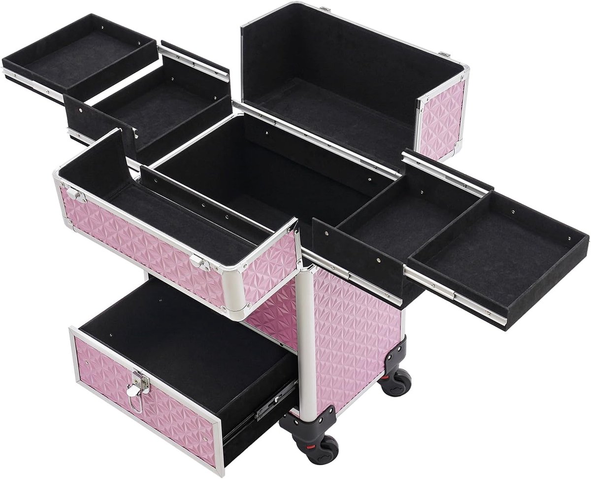 Cosmeticakoffer, trolley, grote capaciteit, zeven vakken, beautycase, cosmetica-organizer, koffer, roze, cosmeticakoffer trolley