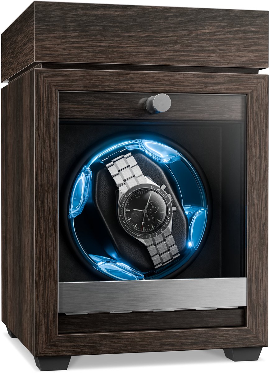 Klarstein watchwinder voor automatische horloges, automatische watchwinder voor 1 horloge, automatische watchwinder met acryl kijkvenster, automatische watchwinder, blauwe leds, watchwinder met 4 TPD instellingen