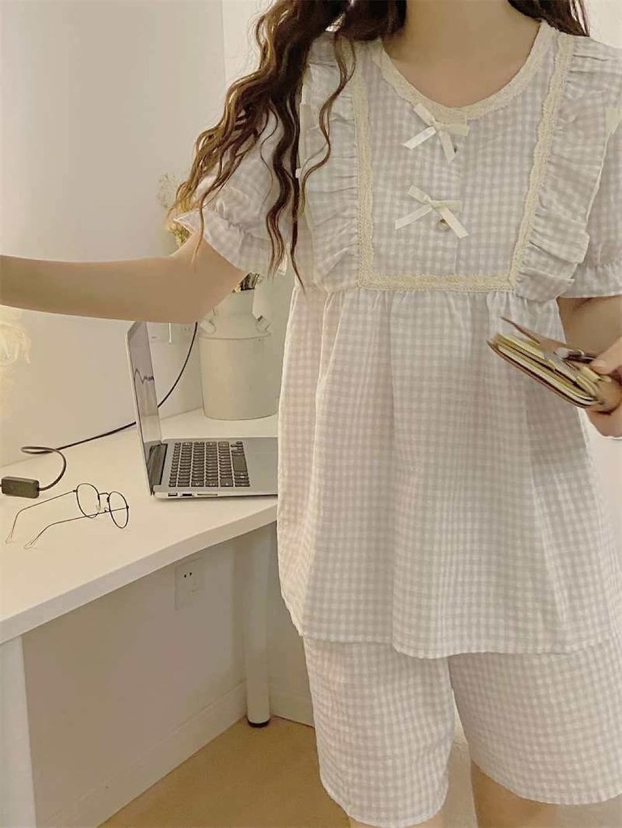 Kanten Pyjama Set Met Ronde Hals - Zomer Kleine Frisse Geruite Strik Kant Homewear Fashion Set, Zacht En Comfortabel Short Met Korte Mouwen Nachtkleding Loungewear Tweedelige Set,Abrikoos,One S