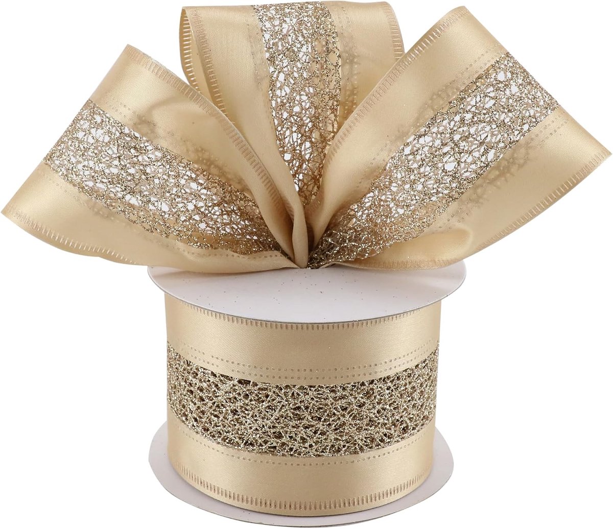 gouden kerstlint 6,3 cm x 10 yard bedraad satijn met glitter mesh voor boomtopper strikken, kransen, ambachten, huisdecoratie, geschenkverpakking