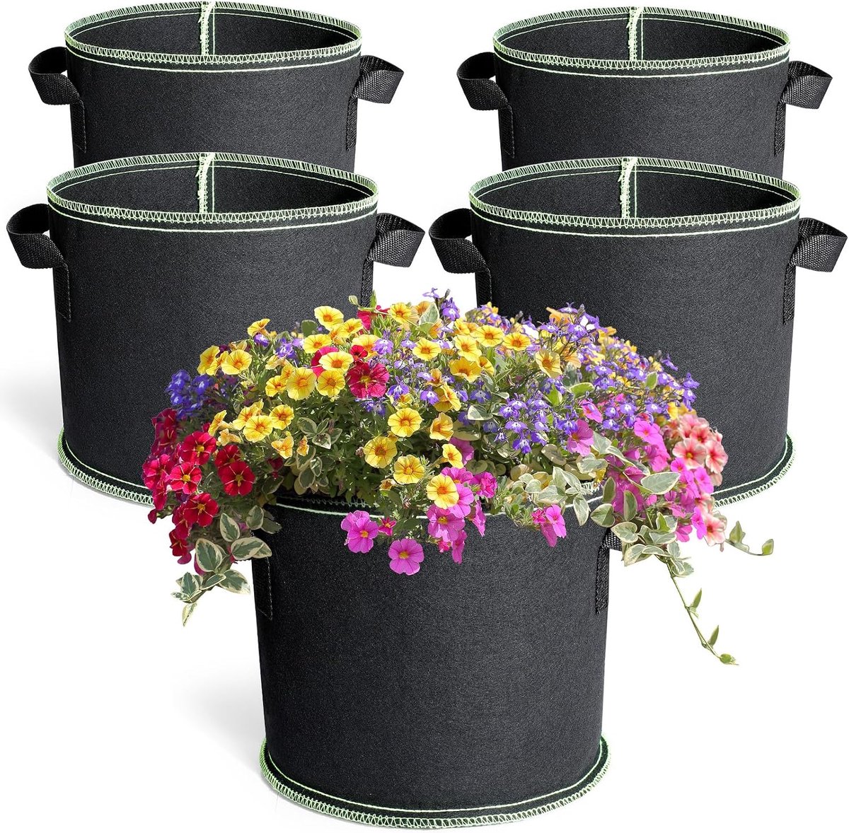 Plantenzak, 5 x 11 l, vliesplantenzak met handgrepen voor groenten, bloemen, fruit, kassen en tuinen