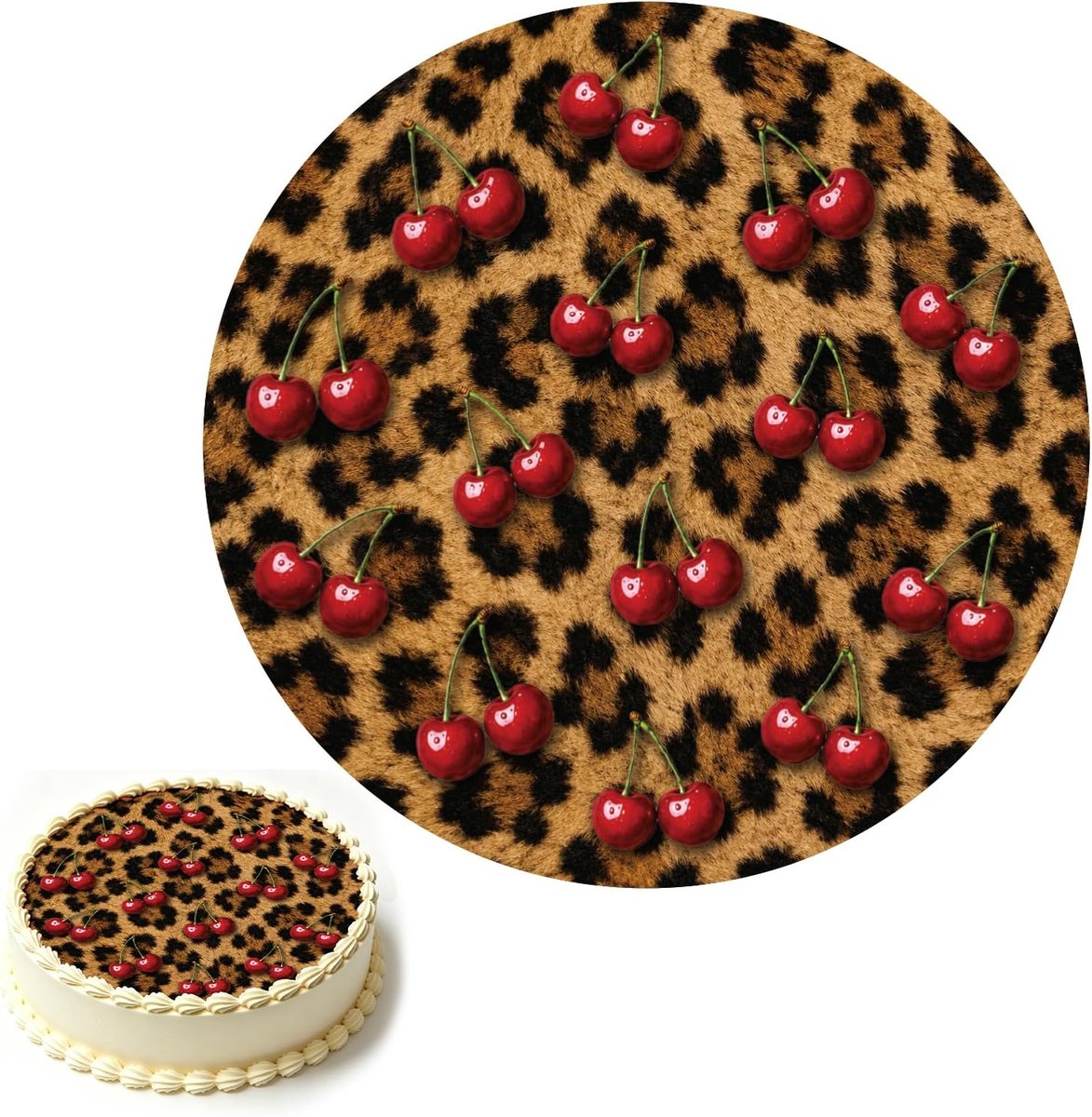 Eetbare Taarttopper met Luipaard- en Kersenprint, 14cm Voorgesneden met Kleurverloop Cheetahprint Wild Dierenthema Decoratie voor Taarten Van 14cm en Groter