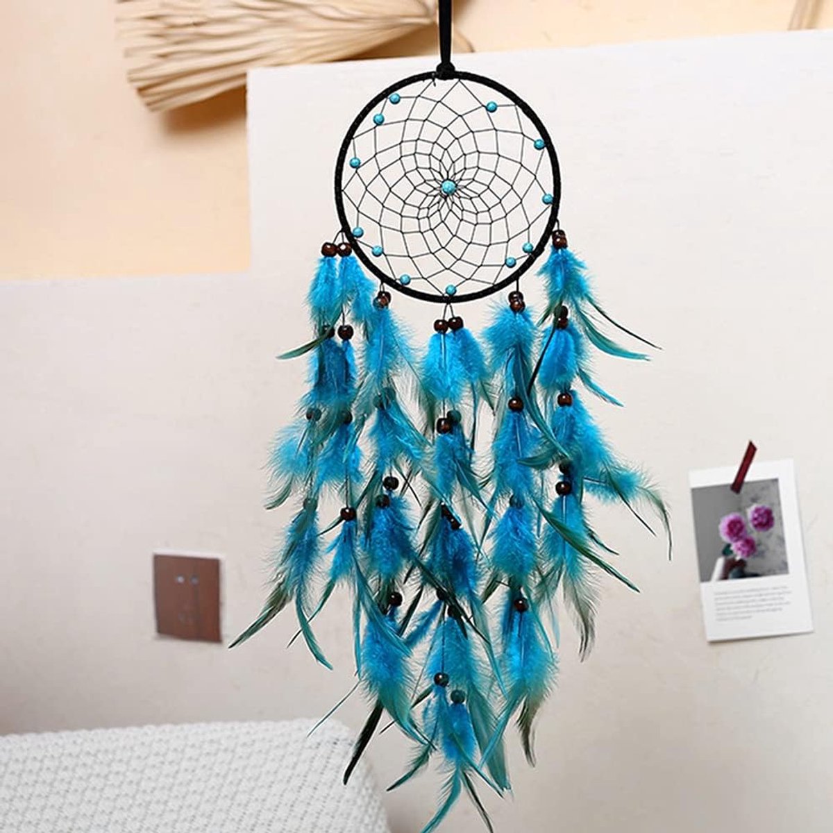 handgemaakte dromenvanger, Boheemse windgong met veren en parels, ornamenten, veer, handwerk, slaapkamerdecoratie, kleine dromenvanger, wandtapijt, wooncultuur, 60 cm, blauw