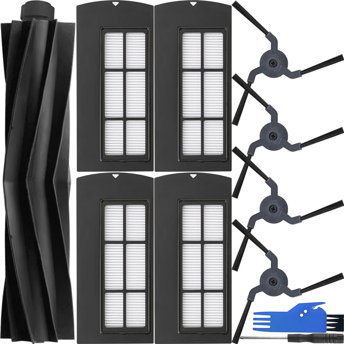 Parts for Eufy X9 Pro Vacuum Cleaner 1 x Main Brush 4 x Side Brush 4 x Hepa Filter Rubber Roll Nylon Bristles Washable Universal Attachment Accessories Kit (9 Pack)