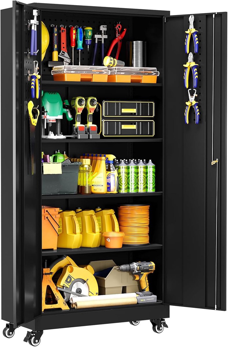 Gereedschapskast van metaal, 179 cm, met wielen, voor garage en kantoor, slot met sleutel, 2 deuren, 4 verstelbare legplanken, robuust staal, snelle montage, zwart