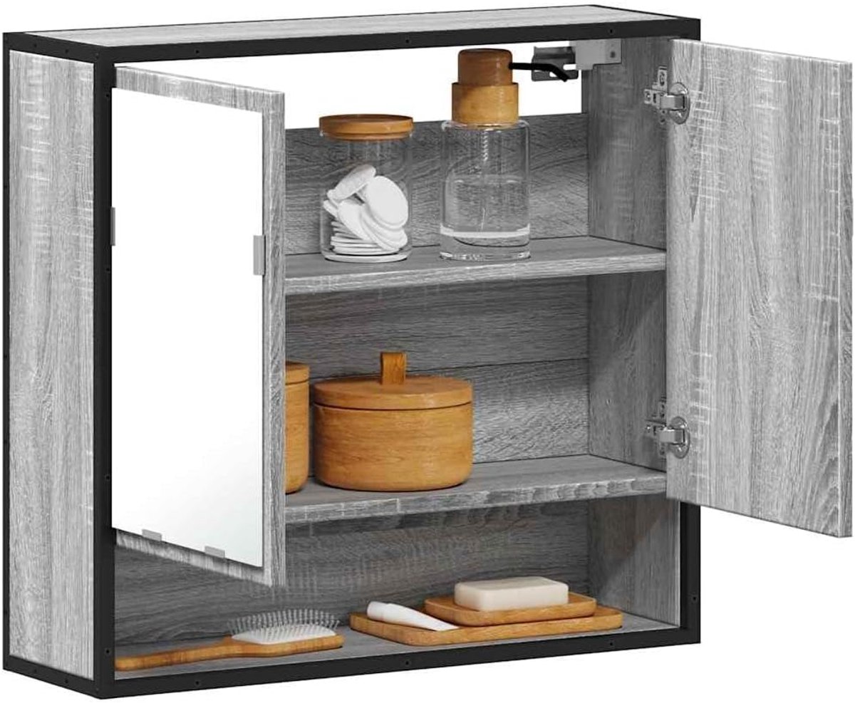 Grijs, Sonoma 65 x 20 x 60 cm, houten materiaal met metalen frame en heldere spiegel voor wandmontage, elegante badkamerkast met veel opbergruimte, duurzaam