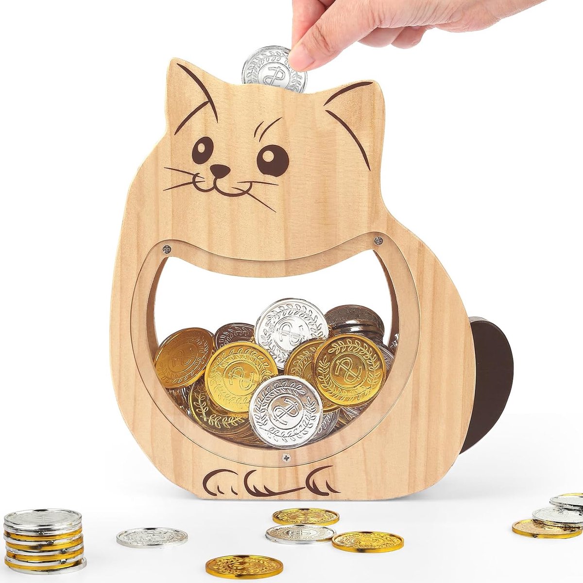Spaarpot voor kinderen, van hout, gepersonaliseerd spaarvarken voor jongens en meisjes, verdikte dierspaarpot voor munten en contant geld, met doe-het-zelf stickers, voor verjaardag en