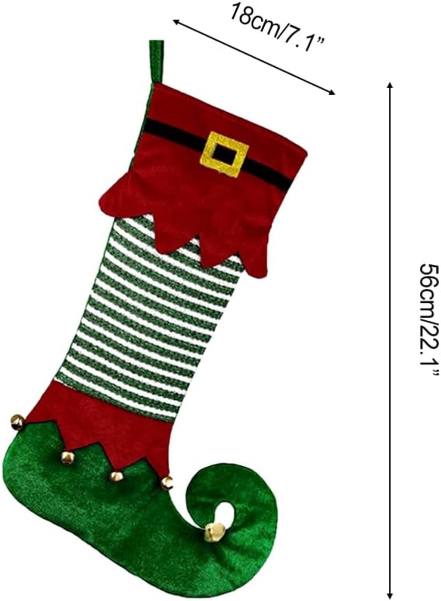 Kousen in de vorm van een elf, 56,5 x 18 cm, invulbare kerstsok, hangende kerstsok met bel voor kerstfeest, kerstboomversiering op de schoorsteenmantel