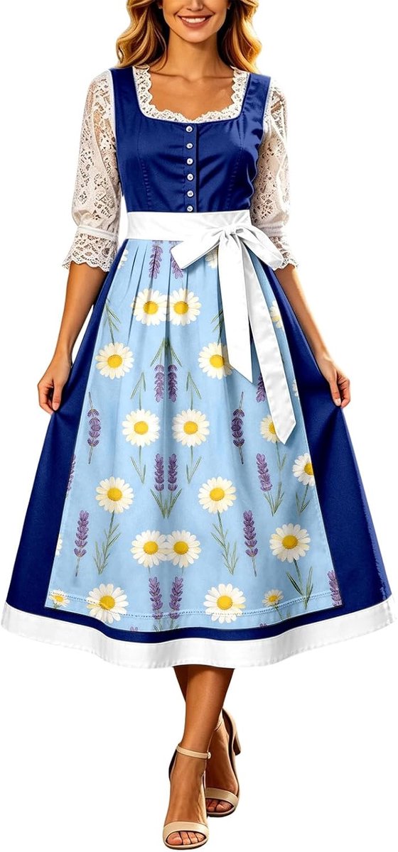 Elegante Franse bierfeestjurk met bloemenpatroon, empire-taille en strik