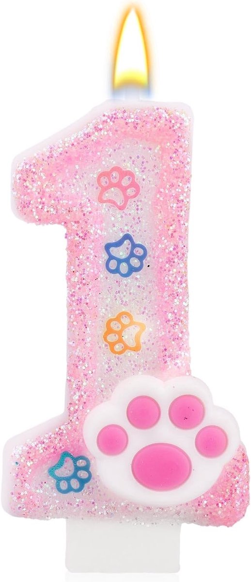 Verjaardagskaarsen voor Honden en Katten, Roze Verjaardagskaarsen met Een Cijfer Taartdecoraties met Pootafdrukken Geschikt voor Feestjes Een Huisdierthema (1)