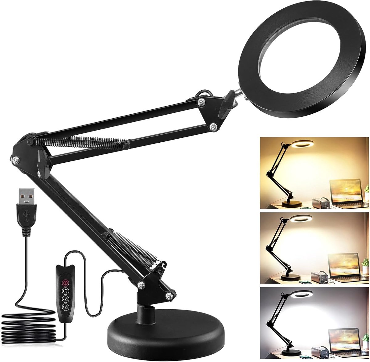 Vergrootglas met licht en standaard, 10-voudige loeplamp met klem, leesloep, staande loep, 3 kleuren en traploos, led-bureaulamp voor reparatie, werk en leren