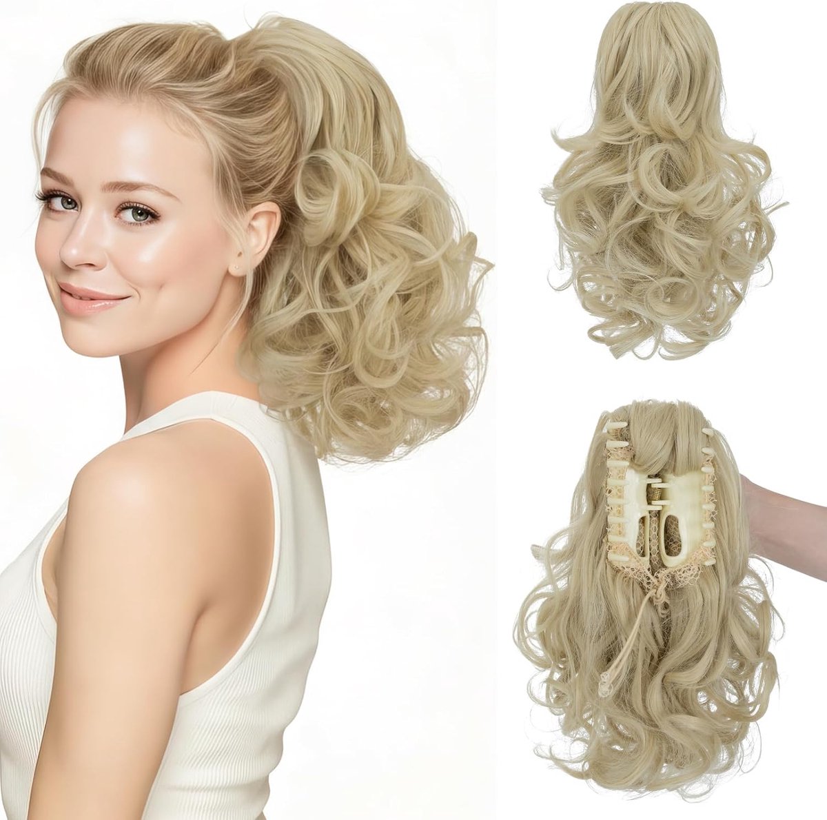 Clip-in paardenstaart-verlenging, 30 cm lang synthetisch haarstukje, paardenstaart-extension voor vrouwen, gebleekt blond