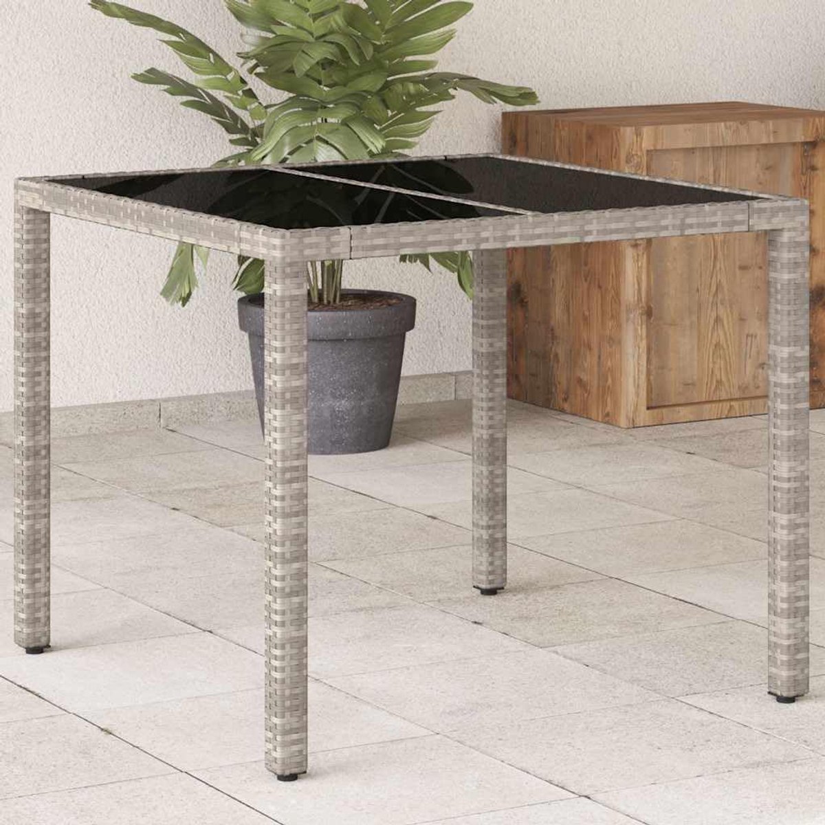 Tuintafel met glasplaat, lichtgrijs, 90 x 90 x 75 cm, polyrotan PE-vlechtwerk, stalen frame voor terras, tuin, buiten, eettafel